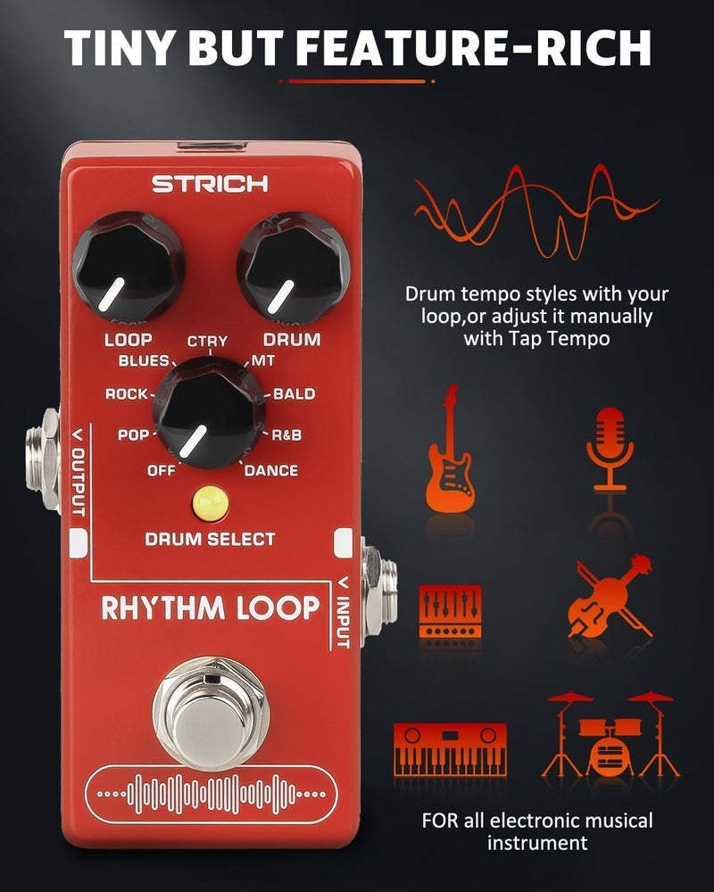 STRICH Rhythm Loop Guitar Pedal, SL-03 Looper for Electric Guitar Bass, 360s Phrase Looper (Unlimited Overdubs) + 8 Rhythm Drum Kits (4/4 Auto-Tempo), True Bypass (Red) - Image 4